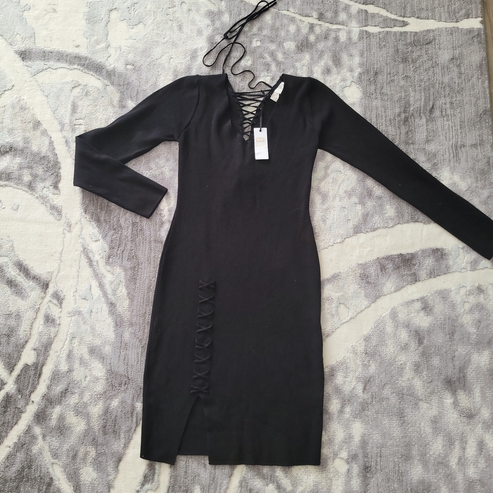 Elegant Black Lace-Up Long Sleeve Dress